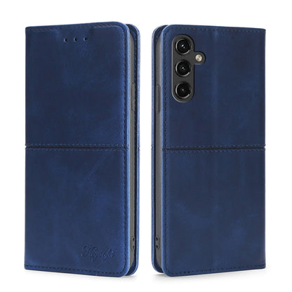 Cow-texture magnetic leather phone case, blue flip folio with camera cutout and speaker holes