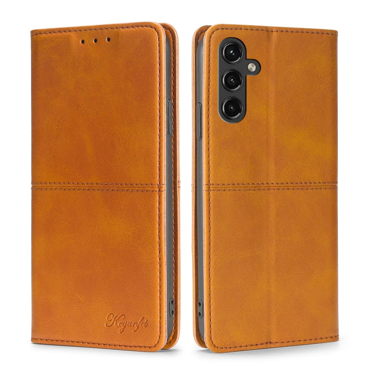 Cow-texture magnetic leather phone case, orange flip folio with camera cutout and speaker holes
