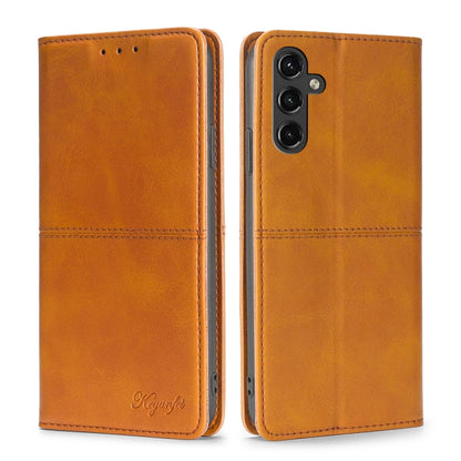 Cow-texture magnetic leather phone case, orange flip folio with camera cutout and speaker holes