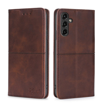 Cow-textured magnetic leather phone case in dark brown, flip cover with camera cutout