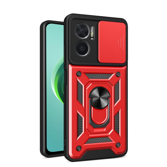 Red sliding camera phone case with textured armor panel and ring grip for secure hold