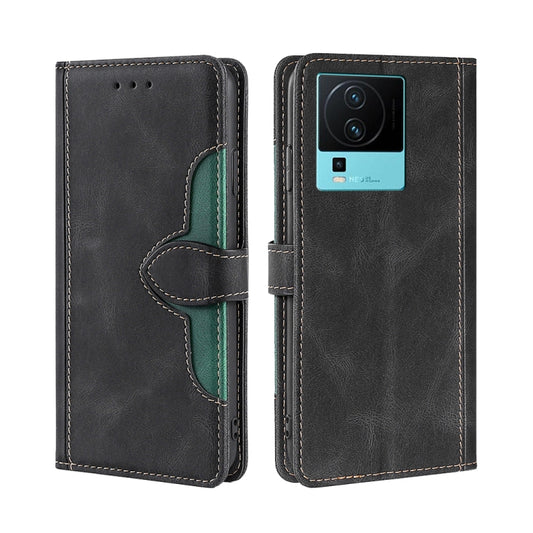 Black leather magnetic buckle wallet phone case with green lining and card slot cutouts
