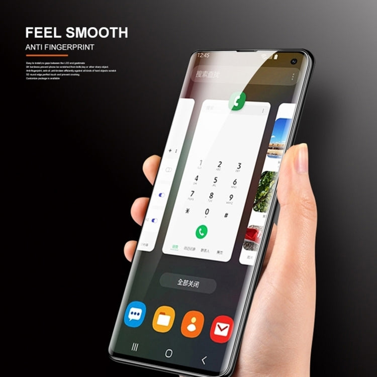 Curved anti-fingerprint screen protector film covering a smartphone display