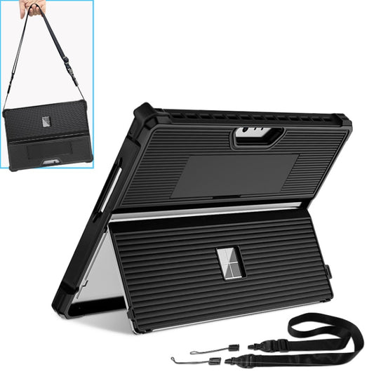 Black striped tablet case with folding stand and shoulder strap for Surface Pro