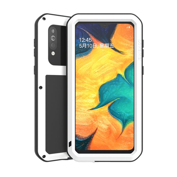 Shockproof waterproof phone case with dark back panel and white shockproof frame
