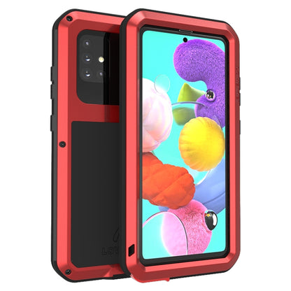Red protective phone case with shockproof rugged frame and black back cover.