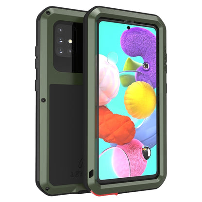 Olive green rugged phone case with clear front cover and camera cutouts