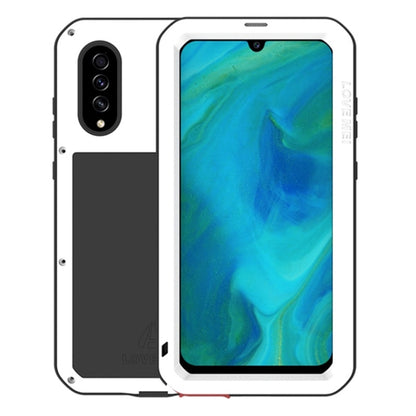 Shockproof waterproof phone case with white frame and dark rear camera panel