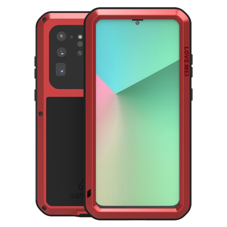 Red protective phone case with rugged frame and mint-green screen window.