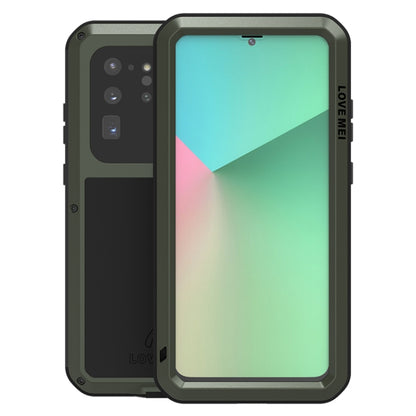 Olive green rugged phone case with clear front cover and raised bezel