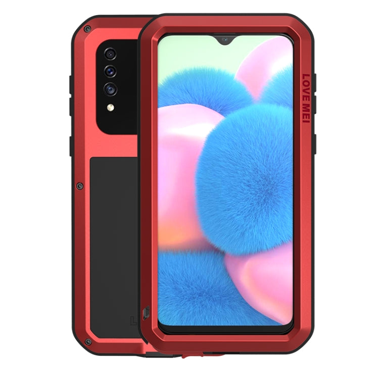 Red protective phone case with shockproof rugged frame and blue/purple screen.