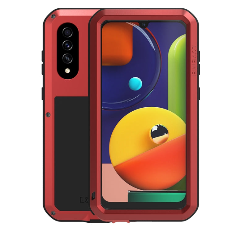 Red protective phone case with rugged shockproof frame and colorful circular screen.