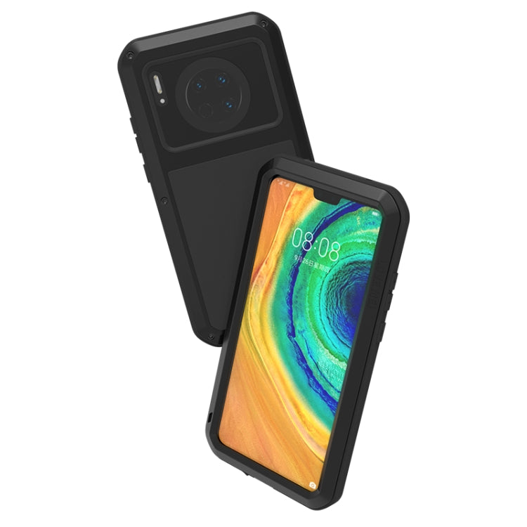 Black heavy-duty phone case with raised edges, camera cutout, and shockproof bumper