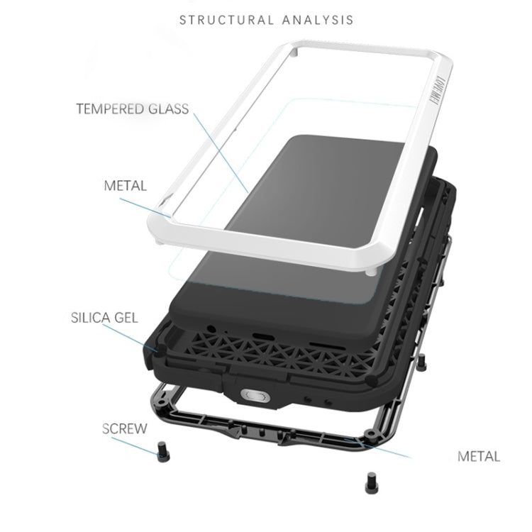 Exploded view of protective phone case showing tempered glass, metal frame, and screws