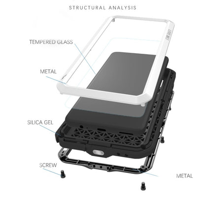 Exploded view of protective phone case showing tempered glass, metal frame, and screws