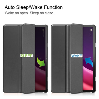 Three-fold tablet case for sleep/wake with cover open and closed views