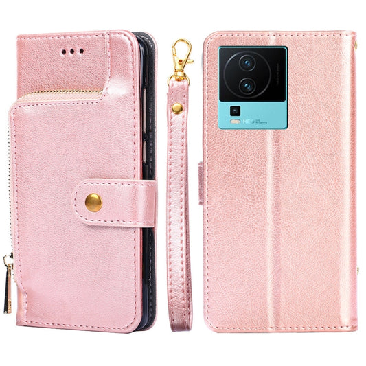 Rose gold leather zipper phone case with wallet flap and gold-tone zipper pull