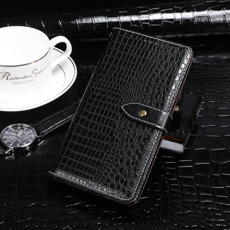 Black crocodile-texture flip leather phone wallet case with card slots and snap strap