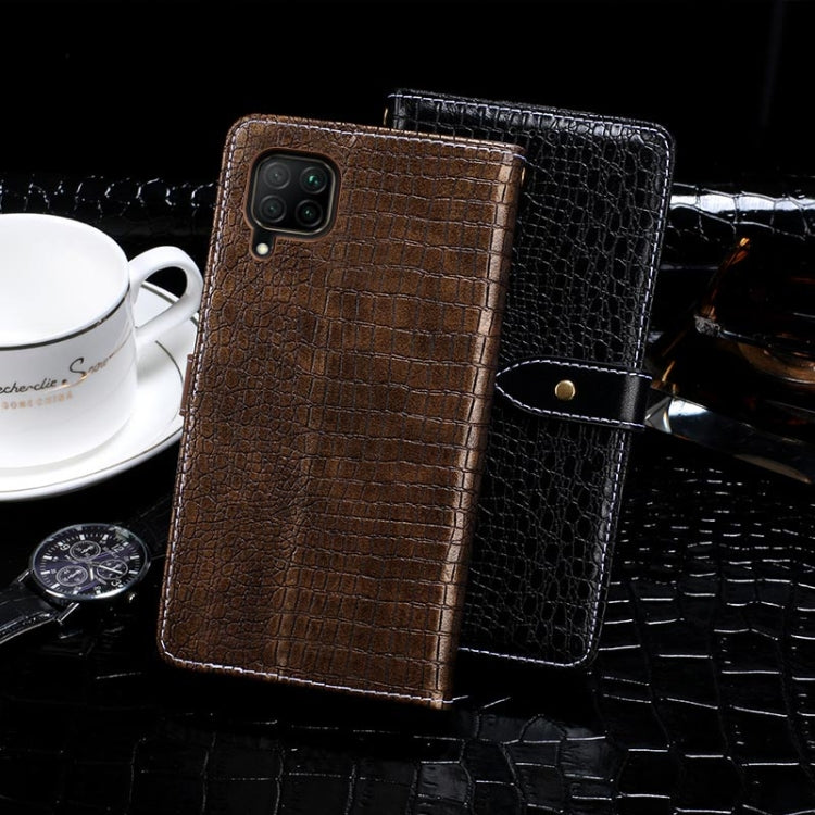 Brown and black crocodile-texture flip leather phone wallet cases with snap strap