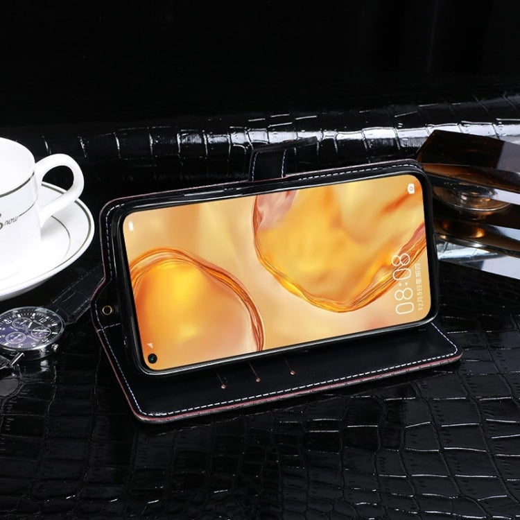 Black crocodile-texture flip leather phone wallet case open, phone held by strap