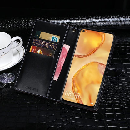 Black crocodile-texture flip leather phone wallet case with visible card slots and holder