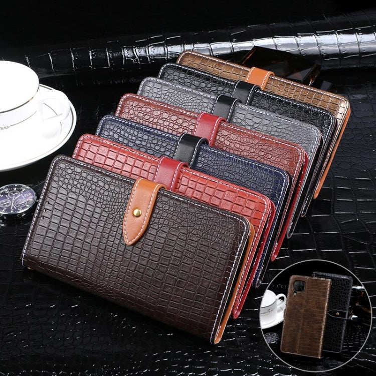Crocodile-texture leather flip phone wallet cases in multiple colors, each with snap strap