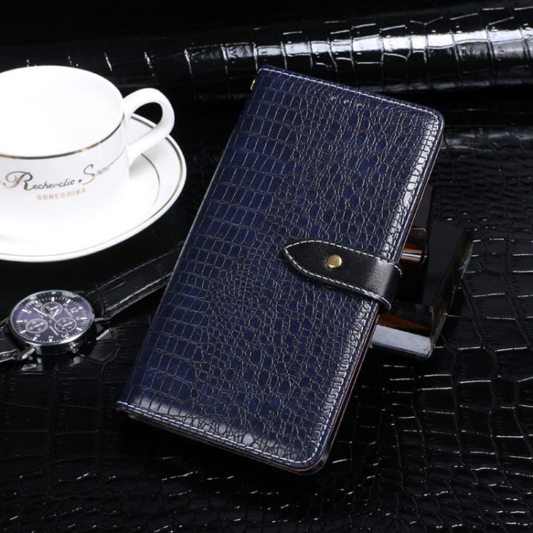 Dark blue crocodile-texture flip leather phone wallet case, snap strap and card slots