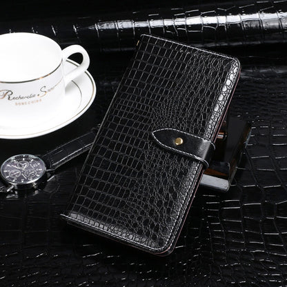 Black crocodile-texture flip leather phone wallet with snap closure and card slots