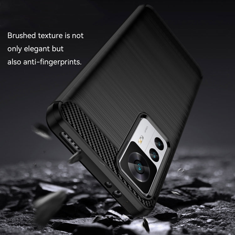 Brushed texture TPU phone case for Xiaomi 12T Pro, black, angled with carbon fiber corner detail