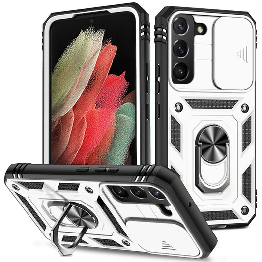 Rugged white and black phone case with sliding camera cover and kickstand ring grip