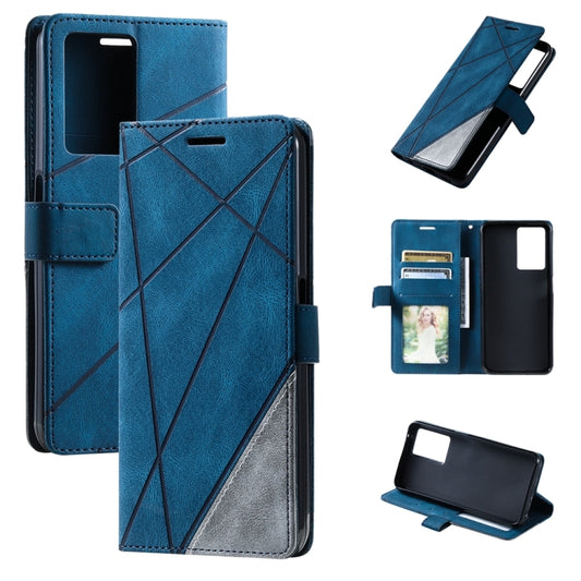 Blue leather phone case with geometric stitching and fold-over card holder