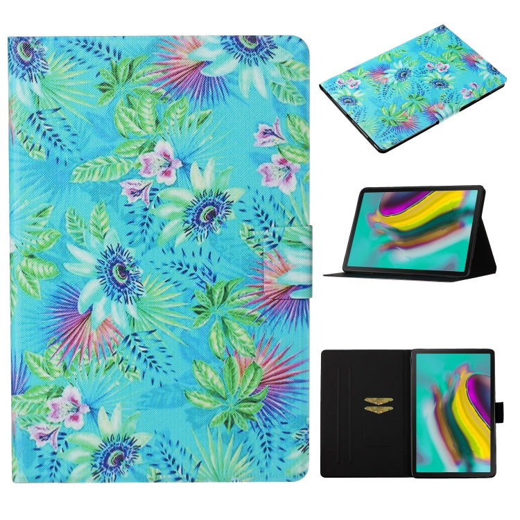 Colorful flip tablet case with card slot and stand, blue floral palm pattern.