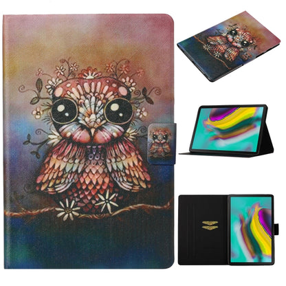 Colorful flip tablet case with card slot and stand, owl print front panel.