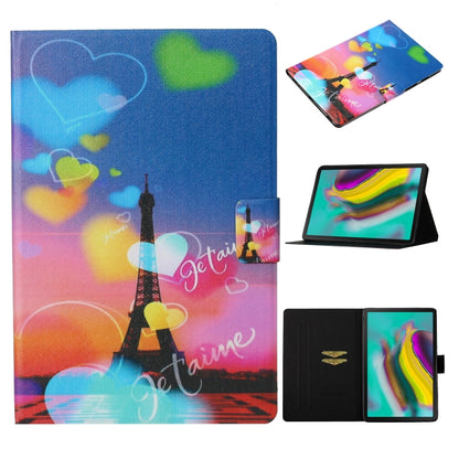 Colorful flip tablet case with card slot and stand, Eiffel tower hearts design.