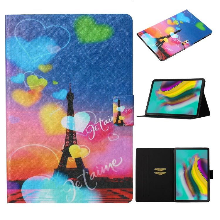 Colorful flip tablet case with card slot and stand, Eiffel tower hearts design.