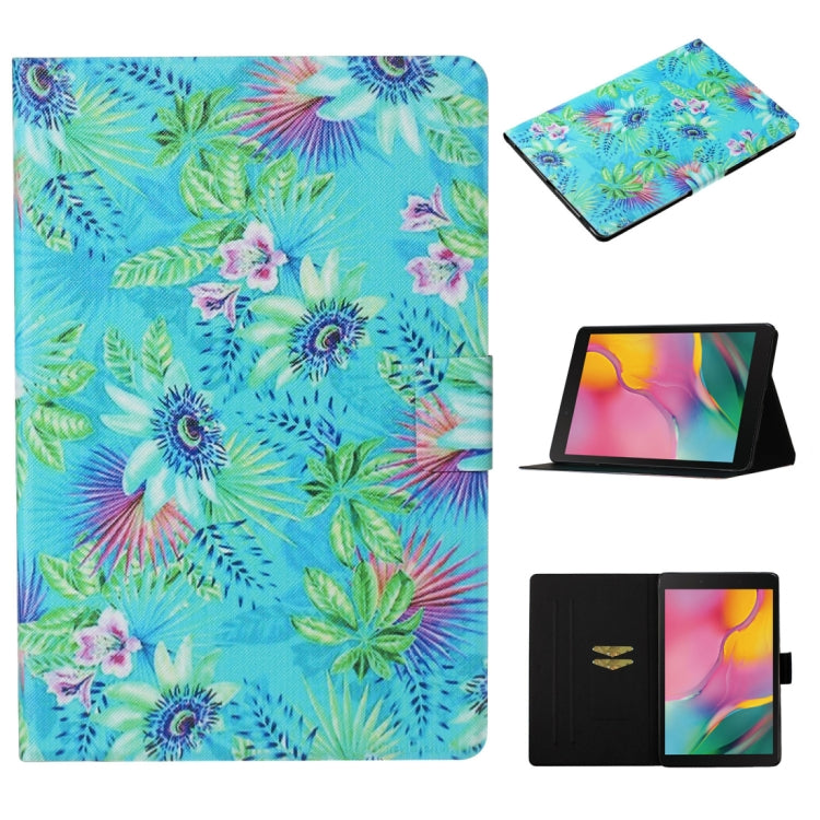Tablet flip leather case with tropical leaf and flower print; card slot, stand