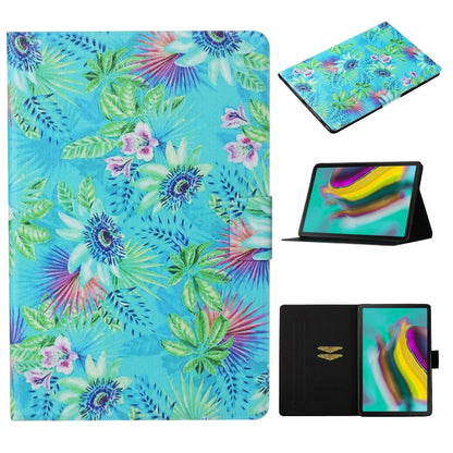 Tablet flip leather case with tropical leaf and flower print; stand view