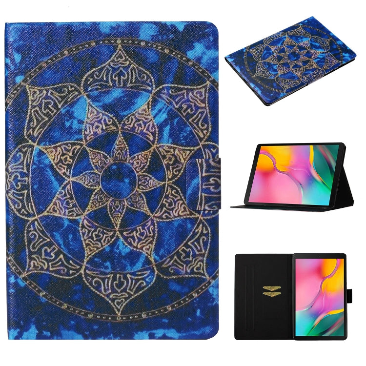 Tablet folio leather case with blue mandala pattern, front cover folded