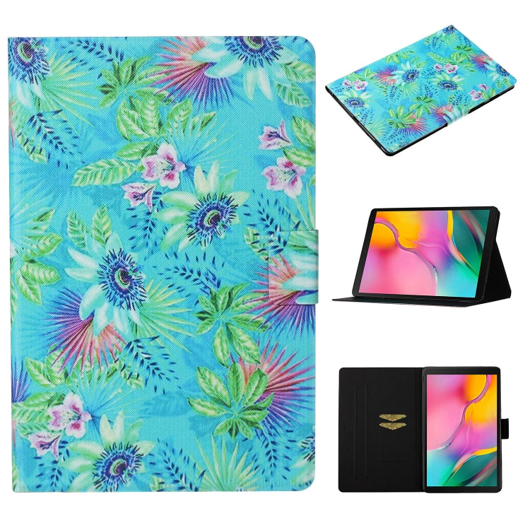 Tablet folio leather case with bright tropical leaf and flower print, front cover folded