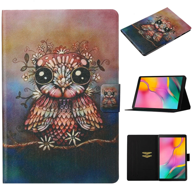 Tablet folio leather case with owl illustration and floral motif, front cover folded