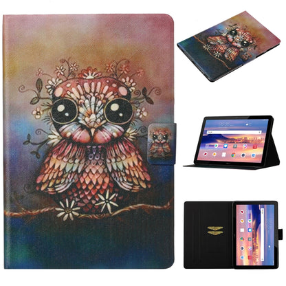 Pink owl patterned flip tablet case with card slot and stand, sleep/wake cover.