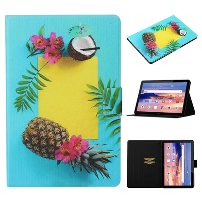 Blue and yellow tropical flower flip tablet case with card slot and stand, sleep/wake.