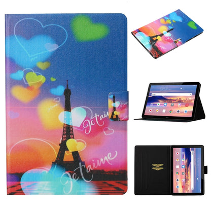 Blue and pink Eiffel tower hearts flip tablet case with card slot and stand, sleep/wake.