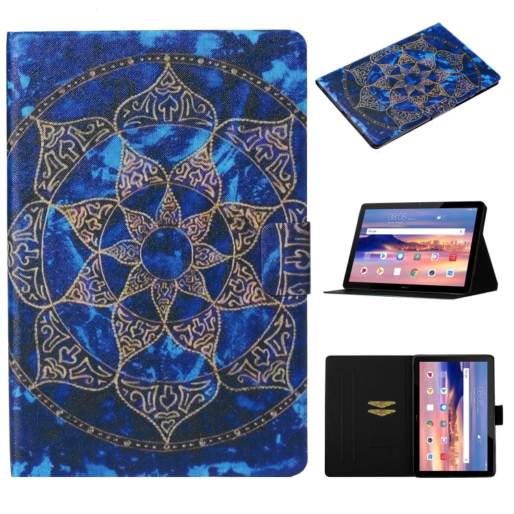 Blue mandala patterned flip tablet case with card slot and stand, sleep/wake cover.