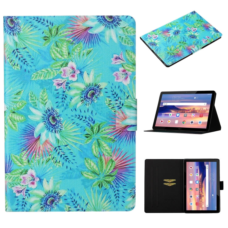 Blue tropical floral flip tablet case with card slot, stand, sleep/wake cover.