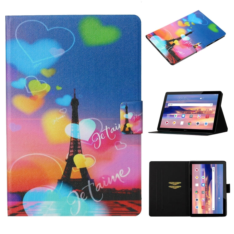 Blue and pink Eiffel tower hearts flip tablet case with card slot, stand, sleep/wake.