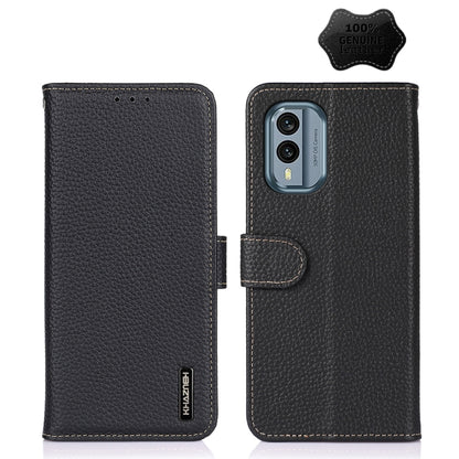 Black genuine leather litchi phone case with folio flap, camera cutout, and strap
