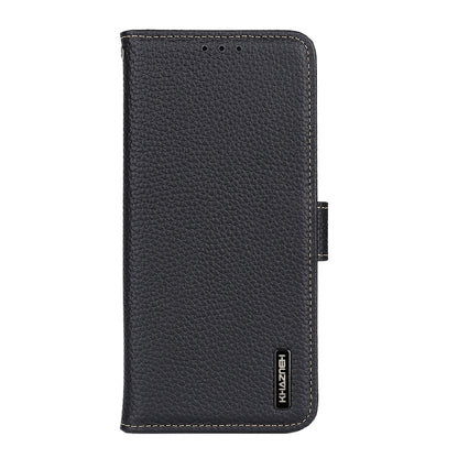 Black genuine leather phone case with folio front and stitched edges
