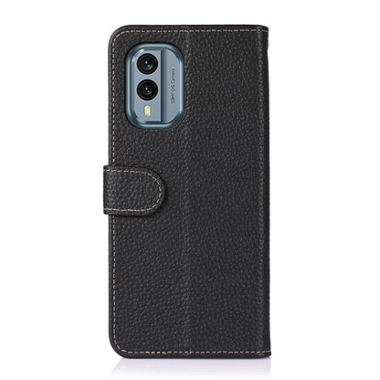 Black genuine leather phone case with camera cutout and snap folio flap