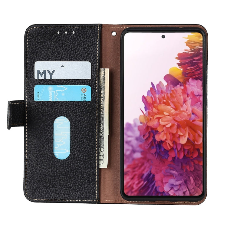 Black leather phone case open view with card slots and side opening for phone